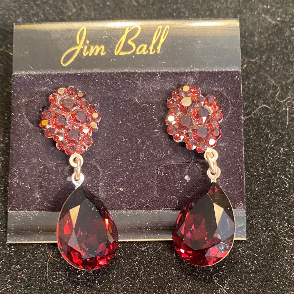 Jim Ball Deep Red Teardrop Crystal Earrings